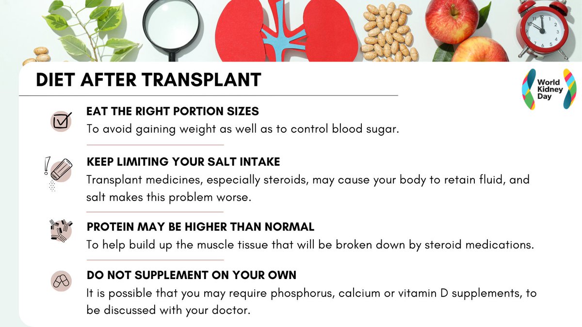 If you have a new organ transplant, your #diet may differ from the one you followed before your #transplant. You can get help in planning your diet after transplant from your doctor and dietitian. #WorldKidneyDay