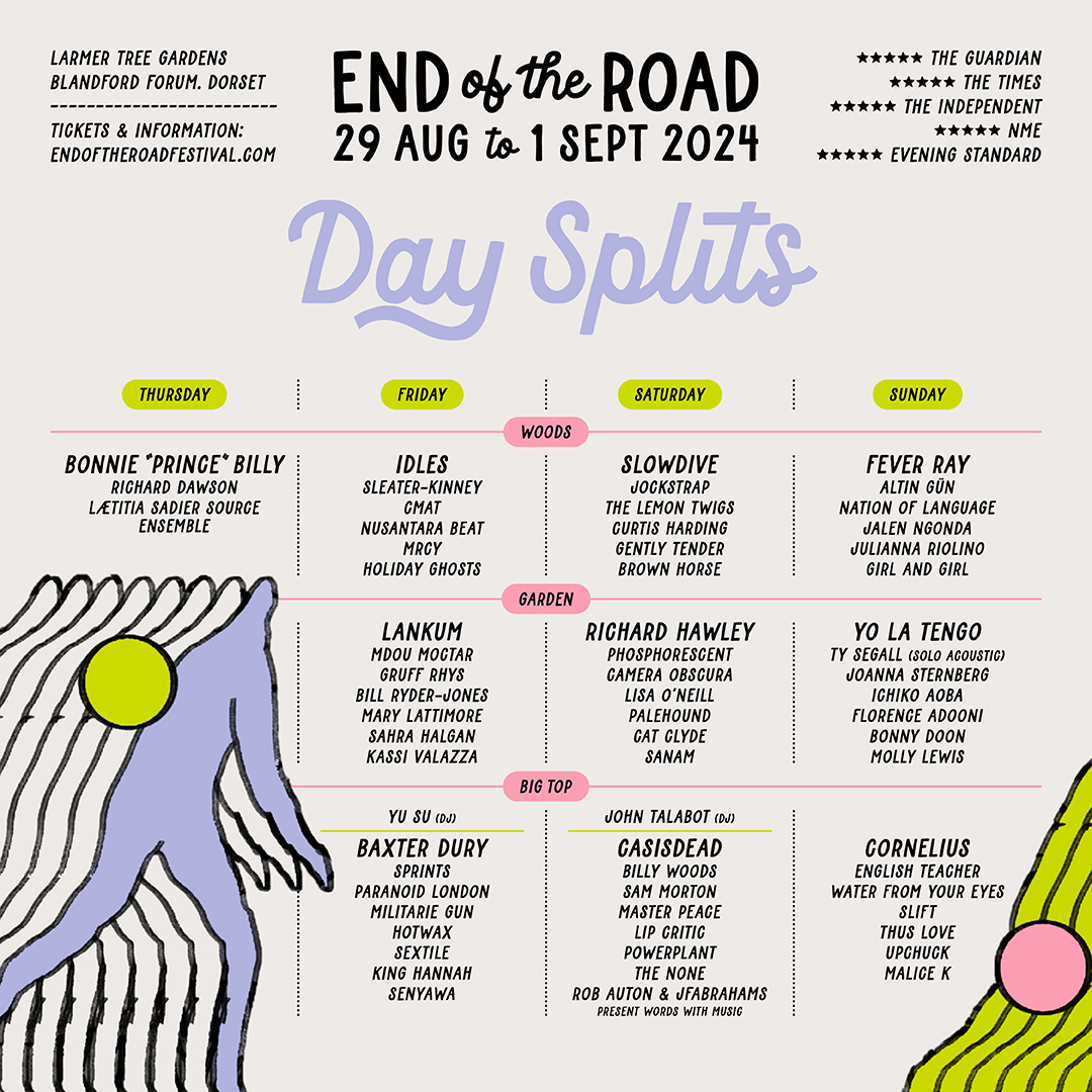 With just over 100 days to go until the summer’s last great party, we are very excited to reveal the 2024 Day Splits! Time to fire up your spreadsheets and start building your playlists. Buy your tickets here: endoftheroadfestival.com/tickets/