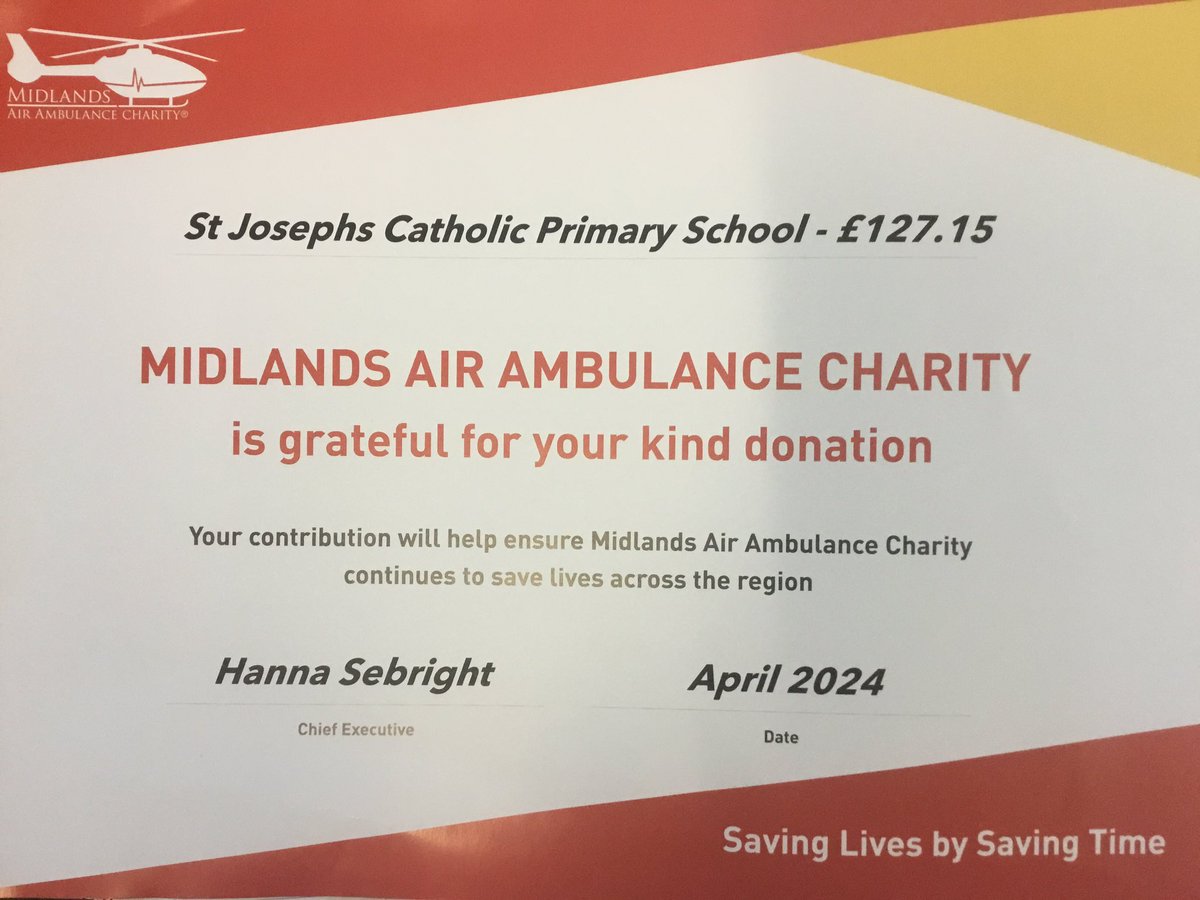 It was pleasure to receive a letter and certificate of thanks for our fundraising for Midlands Air Ambulance charity. Well done to our school council for organising our wear red day with donations for this fantastic charity- saving lives by saving time. Thanks for supporting ❤️