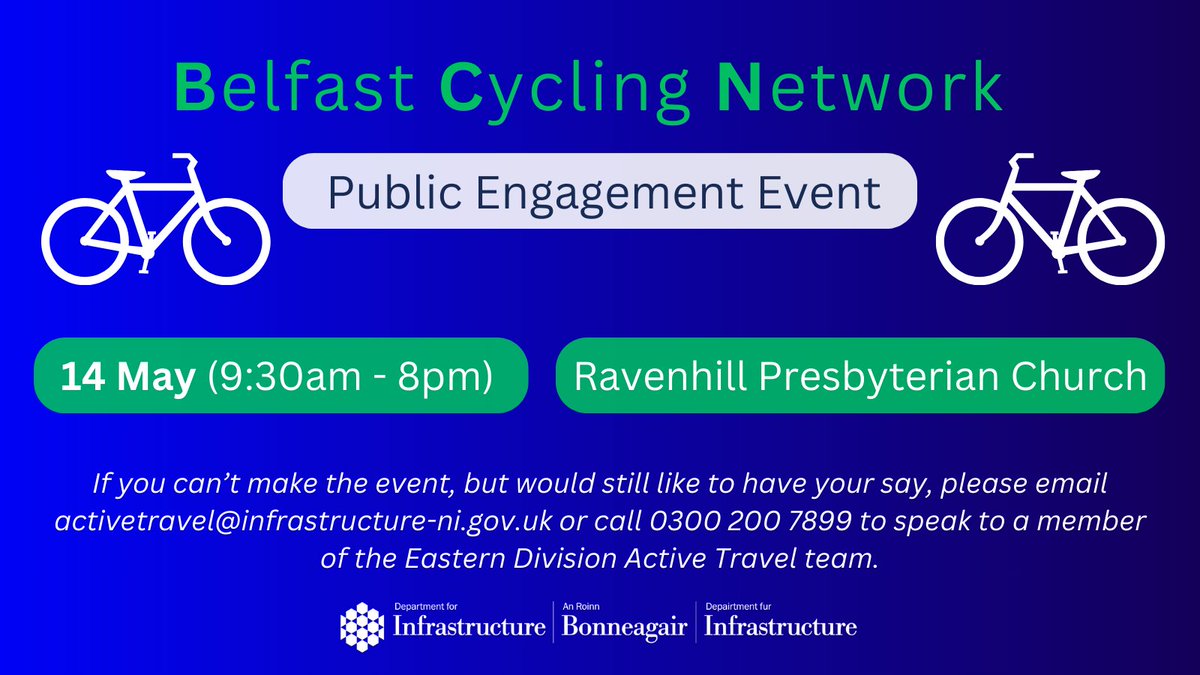 🚲 We are hosting a series of public information events on emerging Belfast Cycling Network (BCN) proposals, beginning with the Ravenhill Rd.

📍 Tue 14 May (930am-8pm)
📍 Ravenhill Presbyterian Church

These events will allow for discussion around barriers &amp; opportunities for