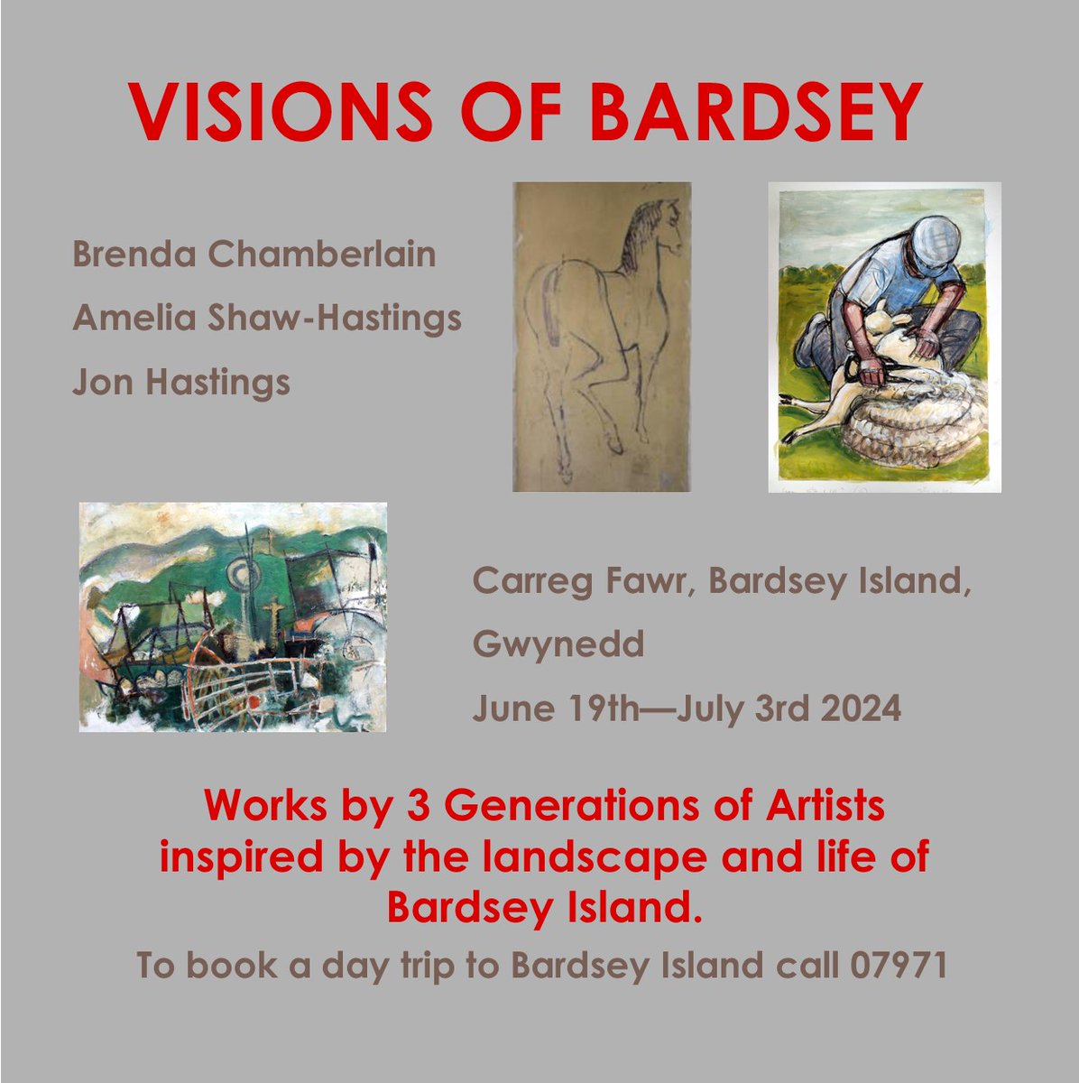 An opportunity to visit Carreg Fawr, Enlli and view Brenda Chamberlain's murals, as well as an exhibition of works by Amelia Shaw-Hastings and Jon Hastings.
.
.
#ArtExhibition #BrendaChamberlain #Art #Arts  #bardseyisland #enlli #bardsey #ynysenlli