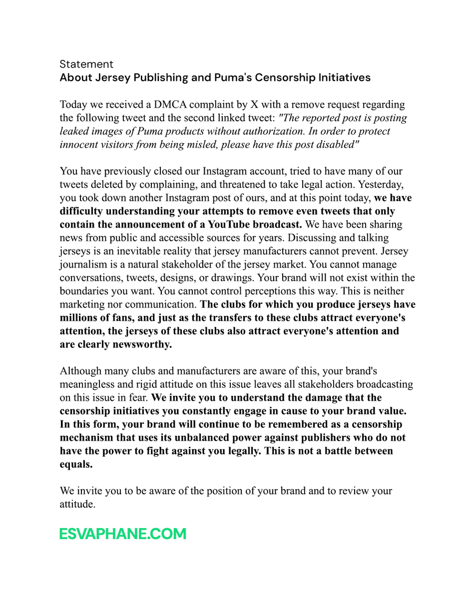 Açıklama | Forma Yayıncılığı ve Puma'nın Sansür Girişimleri Hakkında Statement | About Jersey Publishing and Puma's Censorship Initiatives @pumafootball @PUMATurkiye @CSCGlobal