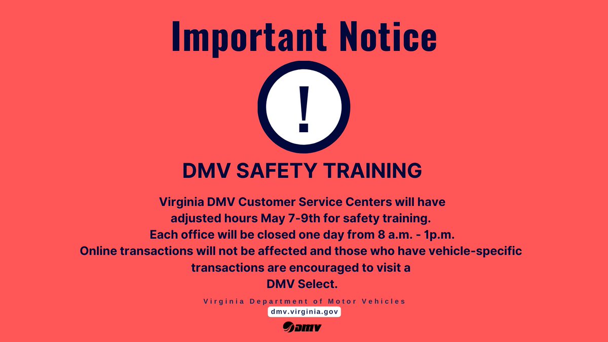 🚨 Through May 9th, customer service centers will have adjusted hours. 🚨 To find out when your local DMV will be open view the full schedule here ow.ly/CzVb50RvEPQ. Don't forget you can process over 50 transactions on our website, anytime! ow.ly/oSf450RvEPR