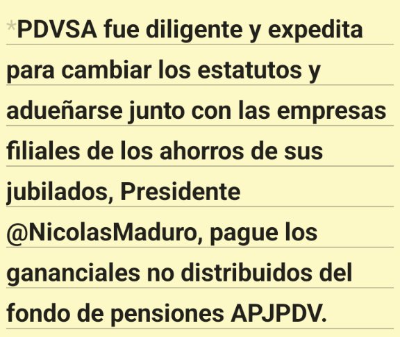 @MinPetroleoVE <a href="/NicolasMaduro/">Nicolás Maduro</a>  <a href="/TellecheaRuiz/">Rafael Tellechea</a> <a href="/DdPMiranda/">Defensoría del Pueblo / Miranda</a> <a href="/aruizddp/">Alfredo Ruiz</a> paguen el dinero que tomaron del fondo APJPDV, la vida de 37.500 jubilados depende de ese dinero, para el pago de alimentos, consultas especializadas y medicamentos, <a href="/ONU_derechos/">ONU Derechos Humanos - América del Sur</a> <a href="/ONUHumanRights/">ONU Derechos Humanos Colombia</a> <a href="/OEA_oficial/">OEA</a>