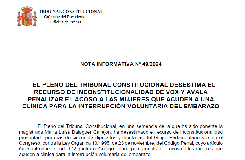 Nota de prensa | El Pleno del Tribunal Constitucional desestima el recurso de inconstitucionalidad de Vox y avala penalizar el acoso a las mujeres que acuden a una clínica para la interrupción voluntaria del embarazo tribunalconstitucional.es/NotasDePrensaD…