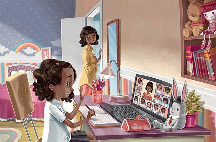 A new challenge for mothers today - online classes! This mum by Martí­n Morón (rep'd by @mela_mbartists) gets her daughter ready for virtual school and makes sure she’s doing okay! Check out this artist's #portfolio 👉 childrensillustrators.com/Mart%C3%AD%C2%… #kidlitart
