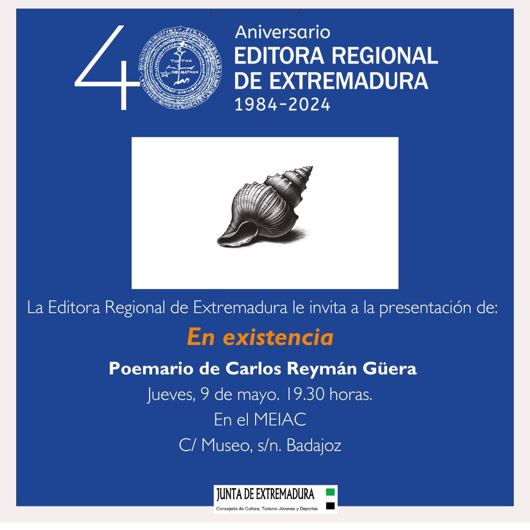 Las actividades de la @EditoraEx nose detiene: hoy estaremos en @InstCervantes y mañana presentamos En existencia, el poemario de Carlos Reymán en el @museomeiac de Badajoz a las 19:30 horas. @cultura_EXT Os esperamos.