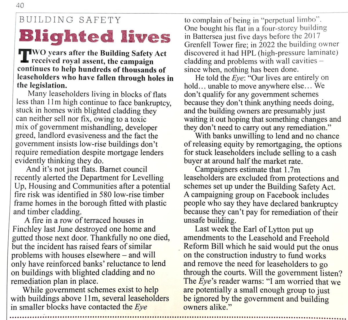 Grateful to @PrivateEyeNews for covering the immense and growing need for the Earl of Lytton's buildingsafetyscheme.org consumer protection for buildings amendments in today's edition. #BuildingSafetyCrisis #EndOurCladdingScandal