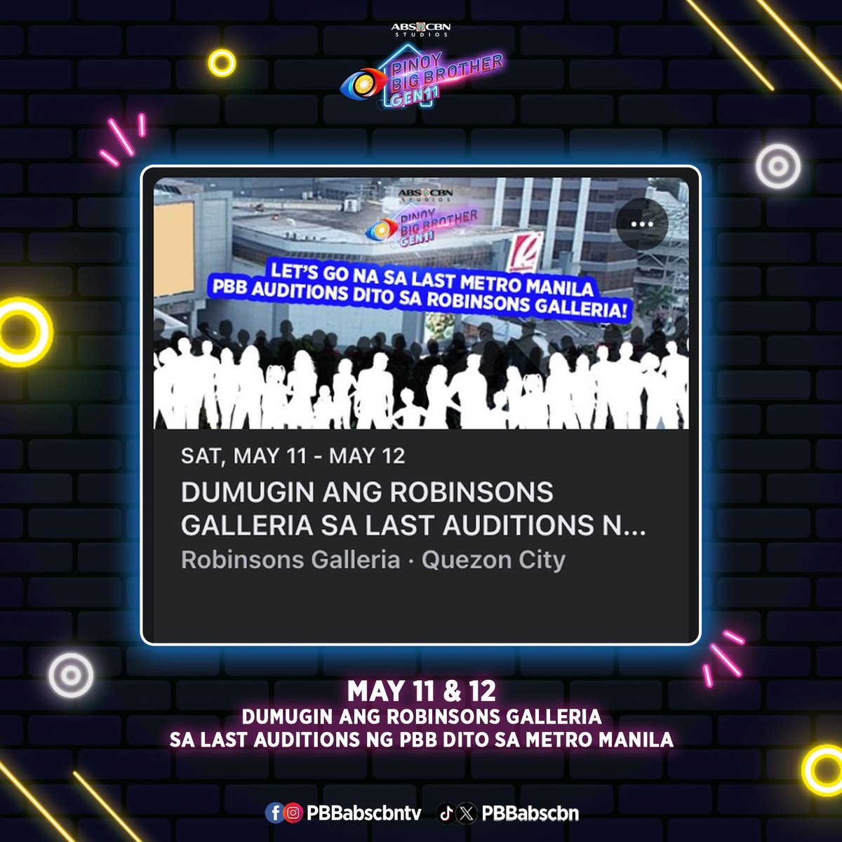 Huyyy, last PBB auditions na sa Metro Manila!🥲 Kung ikaw ay may edad 16-32, bring your A game sa Robinsons Galleria ngayong May 11 at 12 na!🤩🙌🏻 #PBBGen11 #PBB11HousemateAko #PBBGen11Auditions