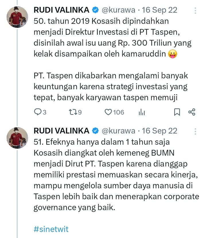 Diangkat jadi direktur sama @erickthohir , lalu punya BuzzeRP sekelas @kurawa yg juga merupakan BuzzeRP @psi_id partainya @jokowi . Kosasih itu bukan orang sembarangan sappo, jgn heran sekelas @KPK_RI ga berani langsung tahan pdhl sdh tersangka.