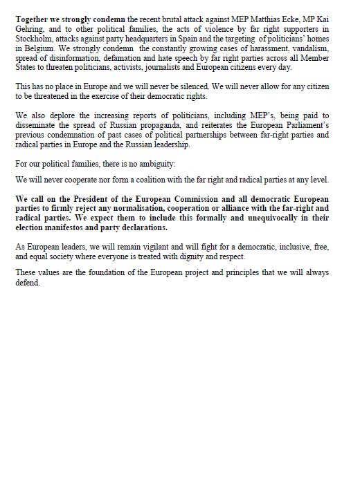 We strongly condemn the growing cases of harassment, defamation & hate speech by far right parties across the EU, threatening politicians, activists, journalists and citizens. We call on @vonderleyen & democratic parties to reject any cooperation with far-right & radical parties.