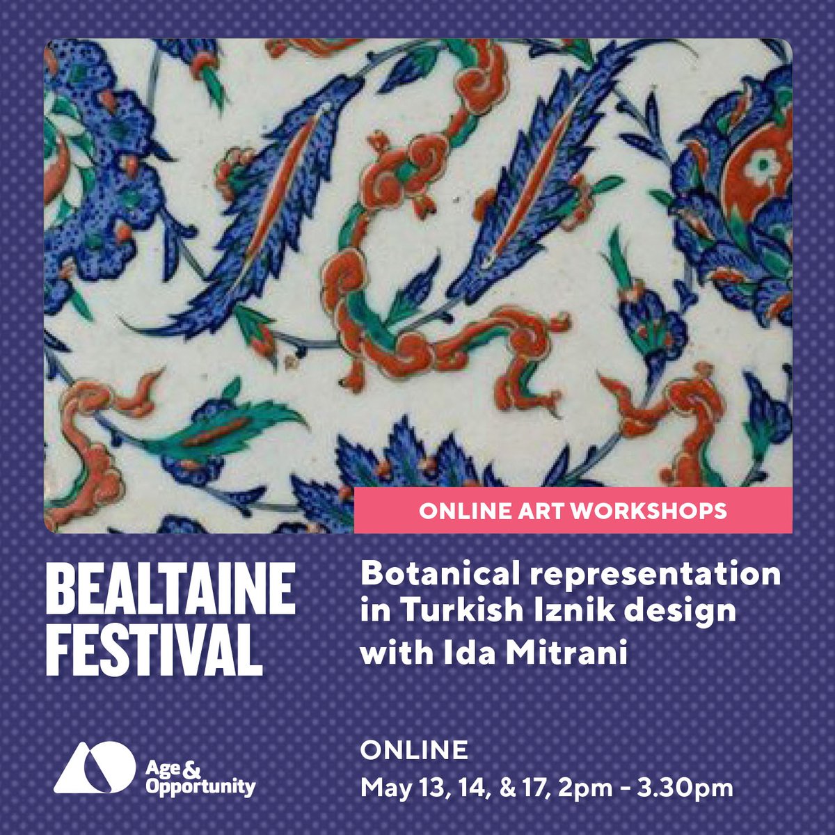 🌿 Dive into Turkish Iznik design with artist Ida Mitrani! Join this online workshop series on May 13, 14, & 17. Explore botanical motifs, drawing, and color charts inspired by Ottoman design. Suitable for all levels. Don't miss out! Tickets: ow.ly/aR5I50Ryq91
