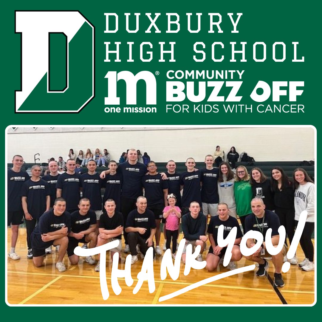 📣Congrats to Buzzee, @dux_hs teacher Jared Chivers and the Diversity, Equity, &amp; Inclusion Student Advisory Council who held a One Mission Community Buzz Off at Duxbury High School raising over $16K! Students &amp; faculty members shaved their heads in honor of kids fighting cancer.