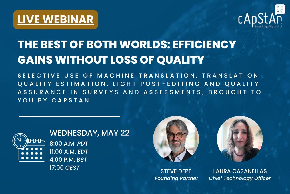 Join us for a webinar on May 22, to learn about valid use cases for state-of-the-art translation technology, translation quality estimation, and much more. We want to share how to tackle the issues we have encountered. Registration Link: register.gotowebinar.com/register/89268… #capstanlqc