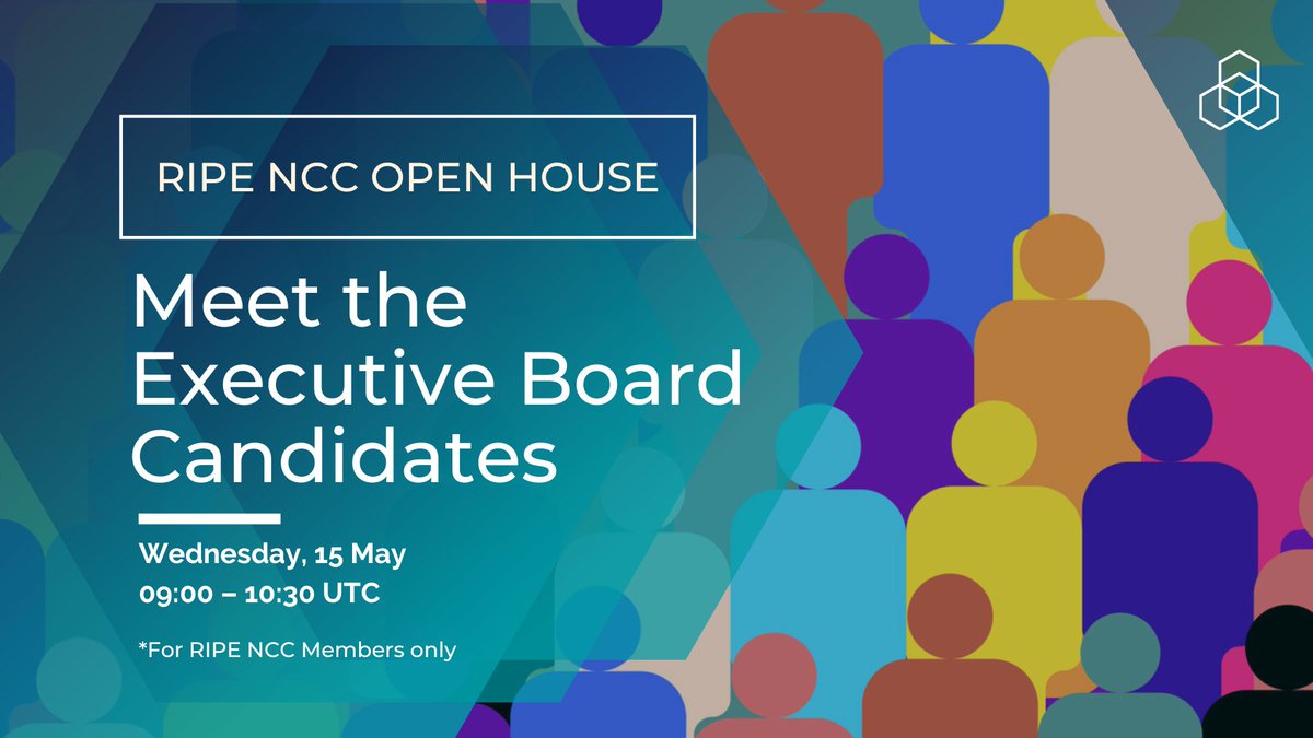 We're hosting an Open House for members to meet the RIPE NCC Executive Board candidates running in the upcoming election. Join the session to ask your questions and have an open discussion with the candidates. Register for the event at: ripe.net/membership/mee…