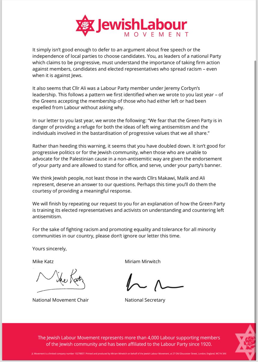 The Green Party have repeatedly failed to take action to stamp out antisemitism in their party & to remove antisemites from their ranks. We first warned @TheGreenParty about this last year. Sadly, we've had to write again. There's nothing progressive about protecting racists.