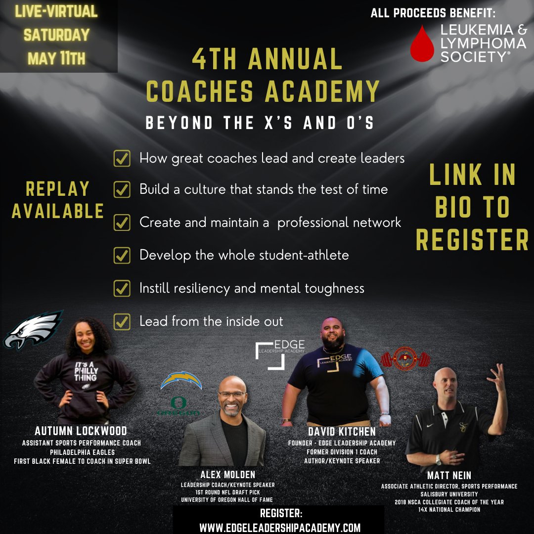 Only 4 days left to register.

Hear from national champions, Super Bowl coaches, leadership experts, and Division 1 coaches. 

100% of the proceeds to the Leukemia and Lymphoma Society to aid in the fight against cancer.