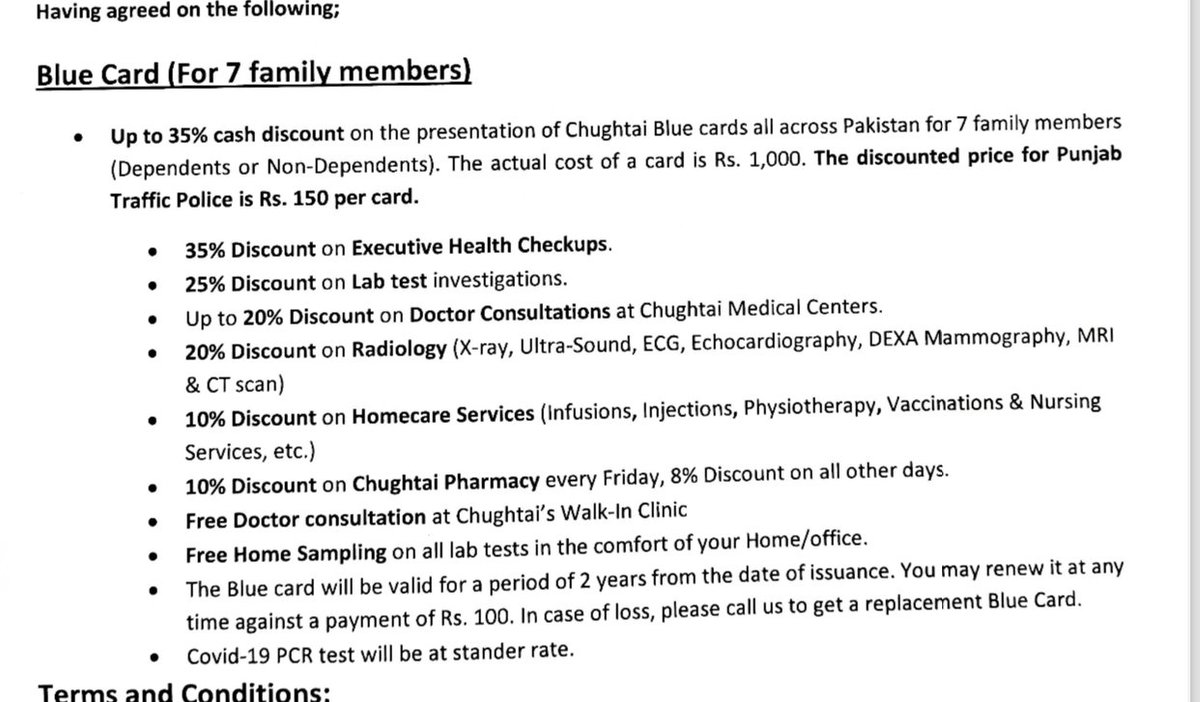 PunjabPhp's tweet photo. Punjab Highway Patrol HQrs has signed a MOU with Chughtai Labs for Blue Cards.
Features of Chughtai Lab Blue Card are as under:
• 35% discount on Executive Health Checkup
• 25% Discount on Lab Test Investigations
• Upto 20% Discount on Consultation at Chughtai Medical centres https://t.co/eJUVJAJGoa