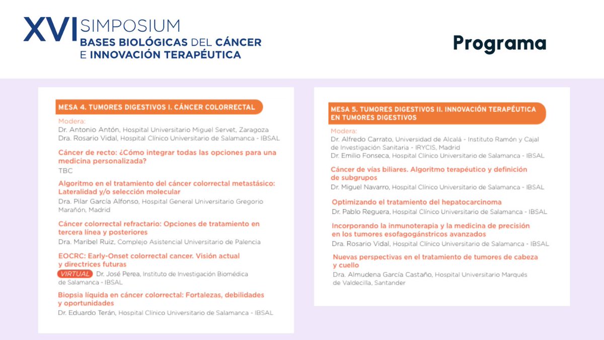 🟣 En las mesas 4 y 5 de #SalamancaBases analizaremos todos los avances en la investigación de #TumoresDigestivos y #CáncerColorretal Todas las novedades de las Bases Biológicas del Cáncer y la Innovación Terapéutica el 23 de mayo en Salamanca ⤵️