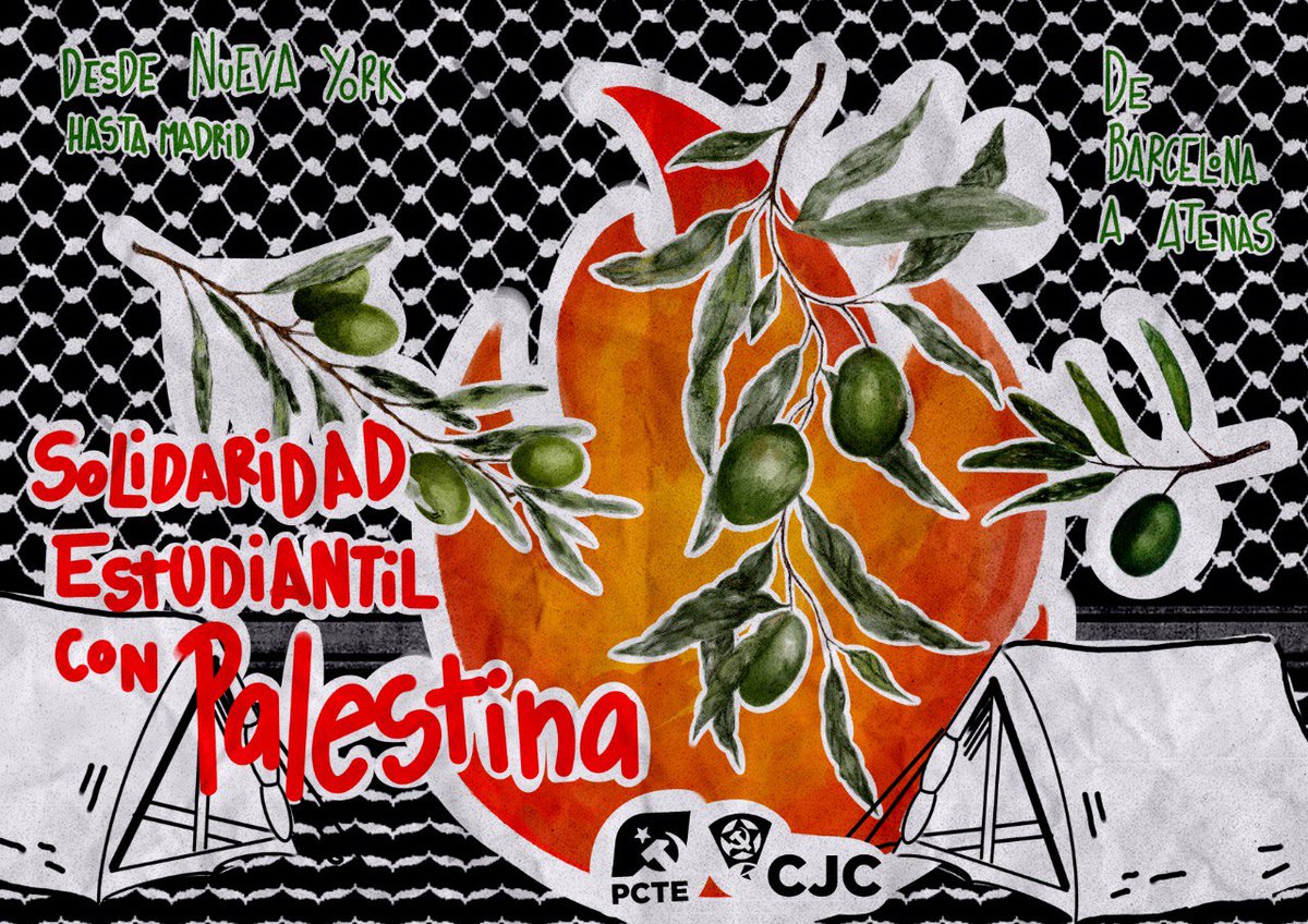 🔴 Los CJC y el @_PCTE_ mandamos todo nuestro apoyo a las acampadas que están teniendo lugar en las distintas universidades del país. Desde Nueva York a Madrid Desde Barcelona a Atenas 🇵🇸 Intensifiquemos y ensanchemos la lucha internacionalista: ¡Palestina vencerá!