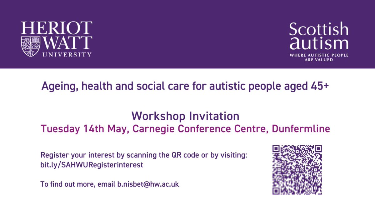 📢 Last chance to sign up! Along with @HeriotWattUni, we're inviting autistic people, aged 45+, to share your thoughts & feelings about getting older & the support you would like to have as you age. Register your interest: bit.ly/SAHWURegisteri…