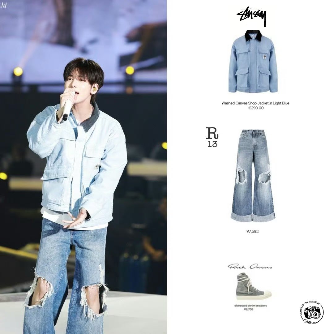 🐿️240503｜SEOUL con sc

▫️OUTWEAR :<stussy >
Washed Canvas Shop Jacket in Light Blue
💰€290.00

▫️PANTS :<R13>
Tear-effect wide-leg jeans
💰¥7593

▫️SHOES :<RickOwens >
distressed denim sneakers
💰¥8,708

pic cr.babylTAchi
#taehyun #TAEHYUN #taehyuncloset #style_taehyun