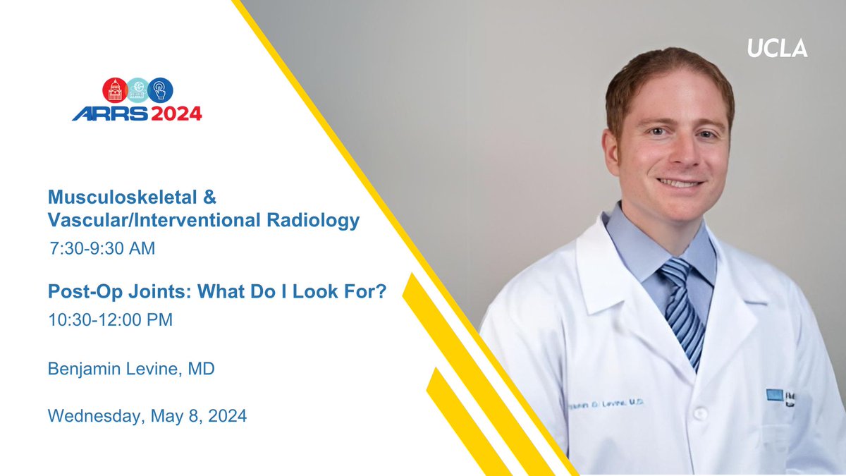 Today at #ARRS24, @RadiologyUcla's Dr. Benjamin Levine will be presenting & moderating. Dr. Levine will be presenting on post-op joints & more. Make sure to check it out! www2.arrs.org/am24/daily-sch… @ARRS_Radiology