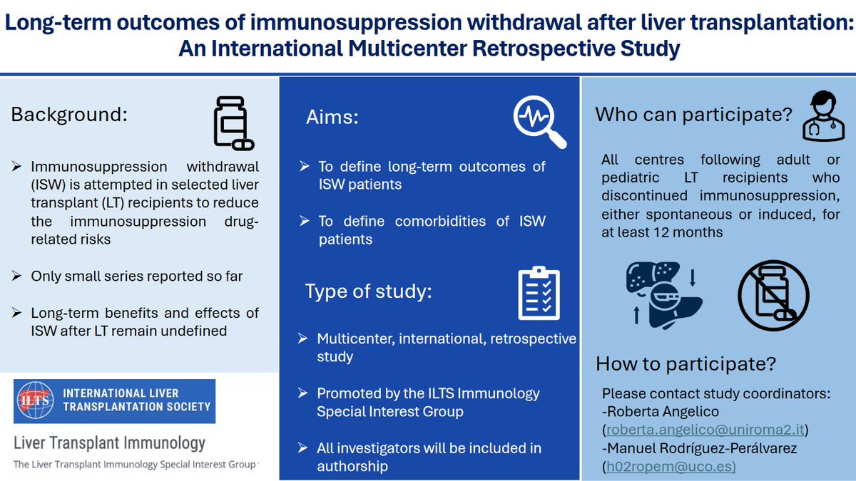 You are invited to participate in an international study with the aim of defining the long-term (5, 10,15 years) outcomes of liver transplant recipients who have undergone immunosuppression withdrawal after transplantation. More information: loom.ly/lIOMdOo #LiverTwitter