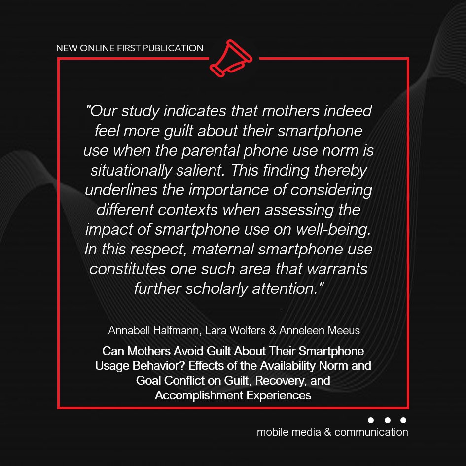 Mobile Media & Comm (@mobilemediacomm) on Twitter photo Can mothers avoid guilt about smartphone usage?🤳
Through a survey with 227 mothers, @an_halfmann, <a href="/LaraWolfers/">Lara Wolfers</a>, & @AnneleenMeeus explore the links between the availability norm and goal conflict on guilt, recovery, and accomplishment experiences.📱
🔗journals.sagepub.com/doi/10.1177/20… Can mothers avoid guilt about smartphone usage?🤳
Through a survey with 227 mothers, @an_halfmann, <a href="/LaraWolfers/">Lara Wolfers</a>, & @AnneleenMeeus explore the links between the availability norm and goal conflict on guilt, recovery, and accomplishment experiences.📱
🔗journals.sagepub.com/doi/10.1177/20…
