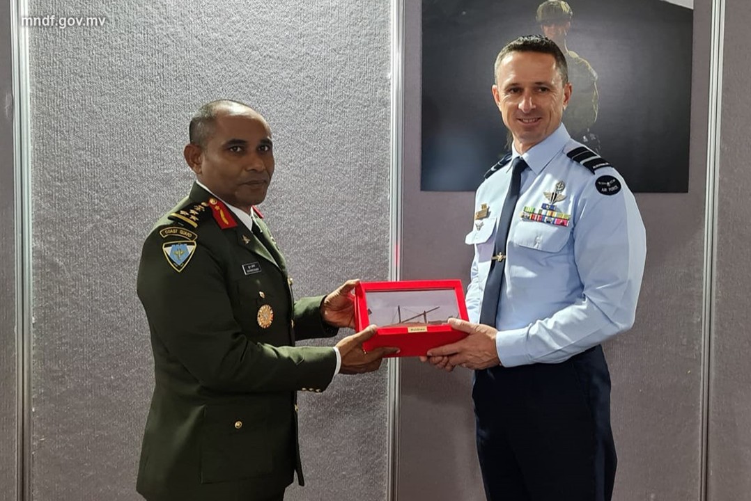 MNDF_Official's tweet photo. Commandant Coast Guard, BG Mohamed Saleem, meets with Chief of Royal Australian Air Force, Air Marshal Rob Chipman, and Deputy Chief of Air Force, Air Vice-Marshal Harvey Reynolds, during his visit to Australia for the Air and Space Power Conference 2024 https://t.co/NszVhsuyNP