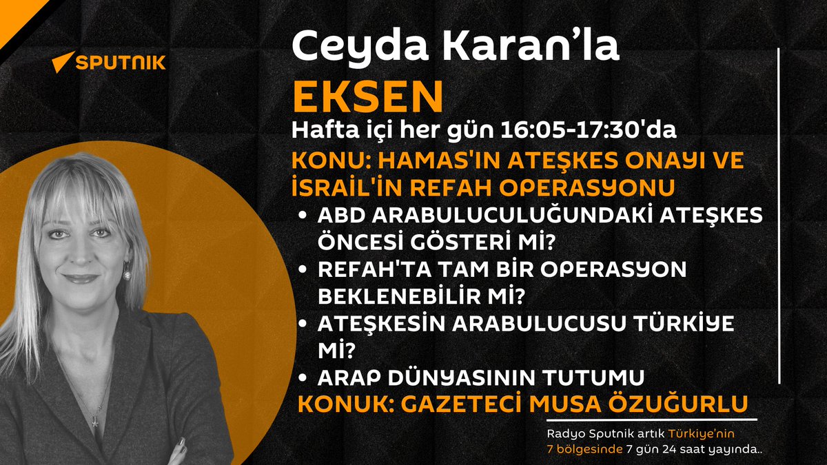 Ceyda Karan'la Eksen Radyo Sputnik'te başlıyor! Yayını Telegram üzerinden takip edebilirsiniz: telegram.me/tr_sputnik 📡Radyo Sputnik artık Türkiye’nin 7 bölgesinde 7 gün 24 saat yayında...