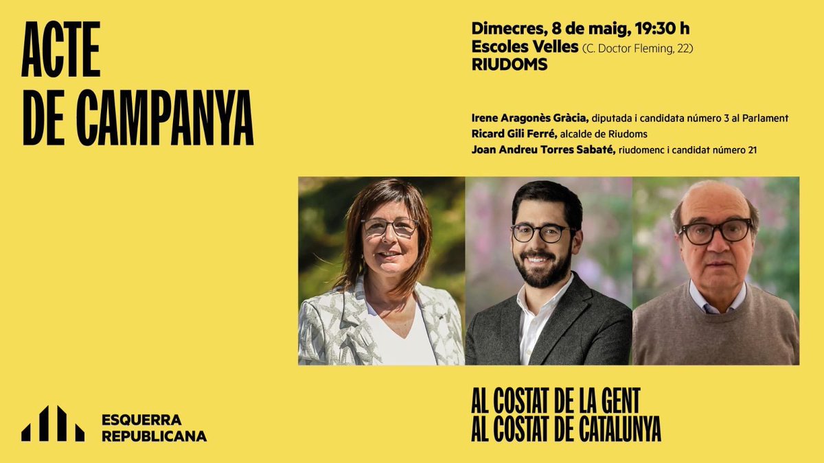 Avui 8 de maig serem a #Riudoms 
Amb la candidata núm 3 <a href="/Irenemont_roig/">Irene Aragonès Gràcia</a>, el <a href="/JoanAndreuTorr2/">Joan-Andreu Torres</a> candidat núm 21 i l’alcalde <a href="/ricardgili/">Ricard Gili</a>
Quan governa Esquerra Republicana de Catalunya Riudoms avança. 
📍Escoles Velles
⏰ 19:30h
Us hi esperem! 
#AlCostatDeLaGent
#AlCostatDeCatalunya