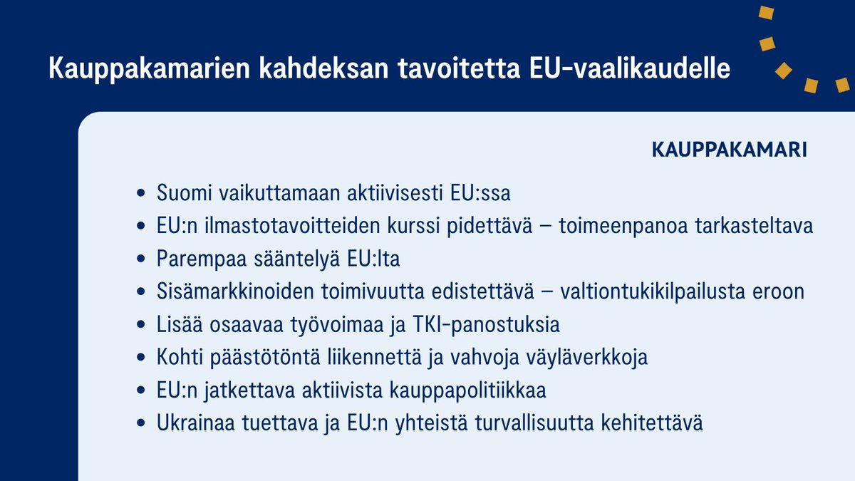 Kesä (ehkä) ja EU-vaalit (varmasti) pian täällä. Kilpailukyky, turvallisuus, ilmastotavoitteet tärkeimpiä asioita seuraavalla vaalikaudella. Suomen pitää vaikuttaa päätöksentekoon aktiivisesti ja se tarkoittaa parempaa ennakkovaikuttamista. #EUvaalit Kauppakamarien tavoitteet:
