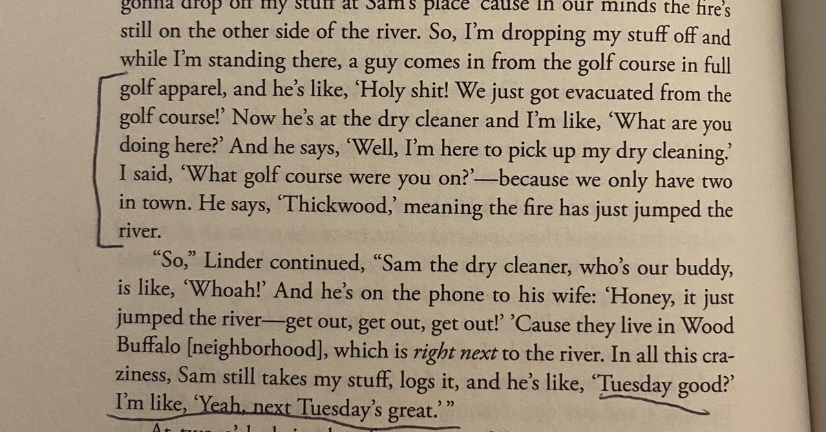 Fire Weather is by far the best book I’ve read so far this year. Anyone interested or worried about climate change should read it. The part where a woman stops at the dry cleaners in the middle of the Fort McMurray wildfire is crazy.