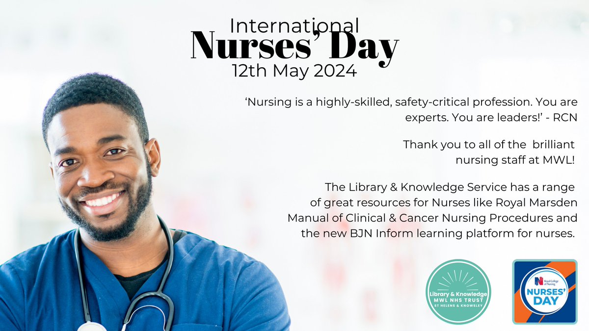 Thank you to all the brilliant Nursing staff at #TeamMWL!

You can find our #ResourcesForNurses on the Library Website here: bit.ly/49WAO4z

You can find out more from the RCN here: bit.ly/4bcAijL
@theRCN

#InternationalNursesDay #NursesDay #NHS #ThankYouNHS
