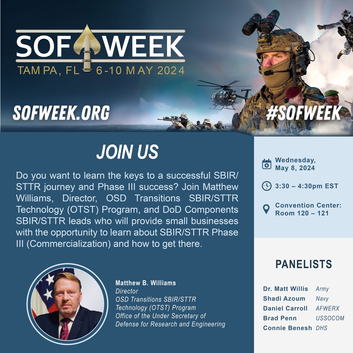 You're at SOF WEEK and want to learn how to successfully navigate your SBIR/STTR journey and transition your innovation? Don't miss this panel today at 3:30 pm! Come to the Convention Center, Room 120-121 and learn what it takes to be successful! See you there! #DoDInnovates