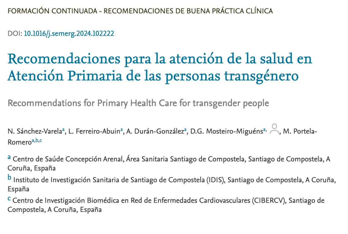 #RevistaSEMERGEN 📙Recomendaciones para la atención de la salud en Atención Primaria de las personas transgénero
i.mtr.cool/ubozexdmhn N. Sánchez-Varela et al.
#AtenciónPrimaria #Transgénero