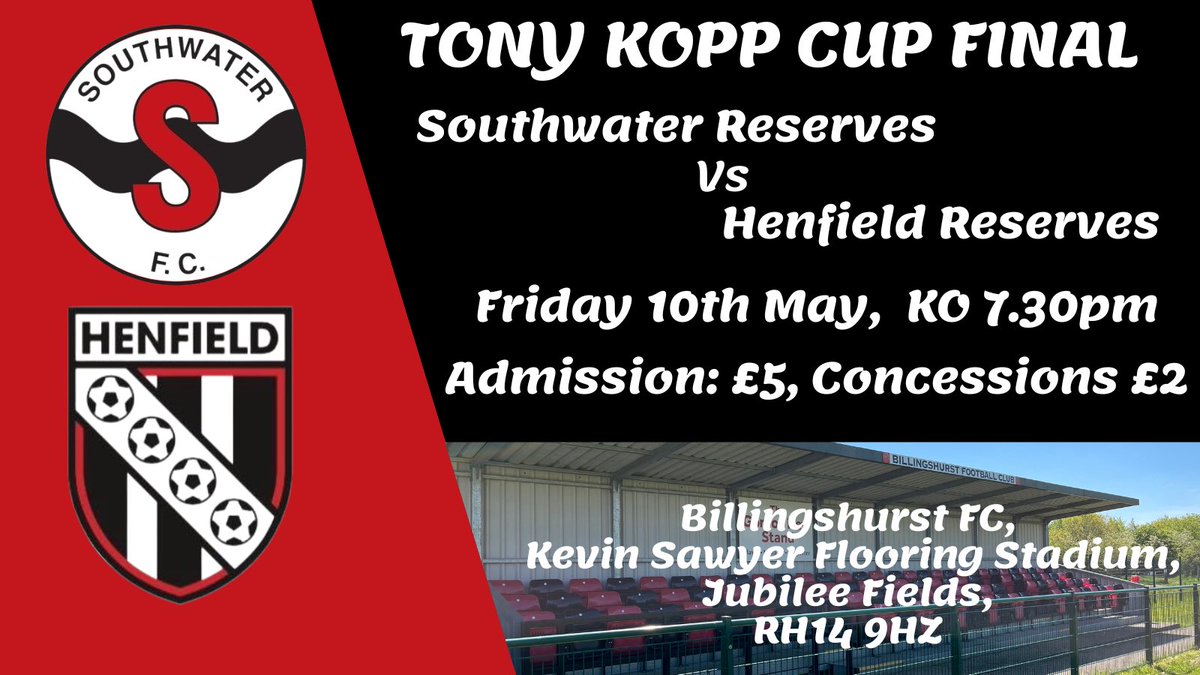 This Friday evening, it’s a cup final for the Reserves of @Southwater_FC & @Henfield_FC. Bar open & BBQ at Jubilee Fields.