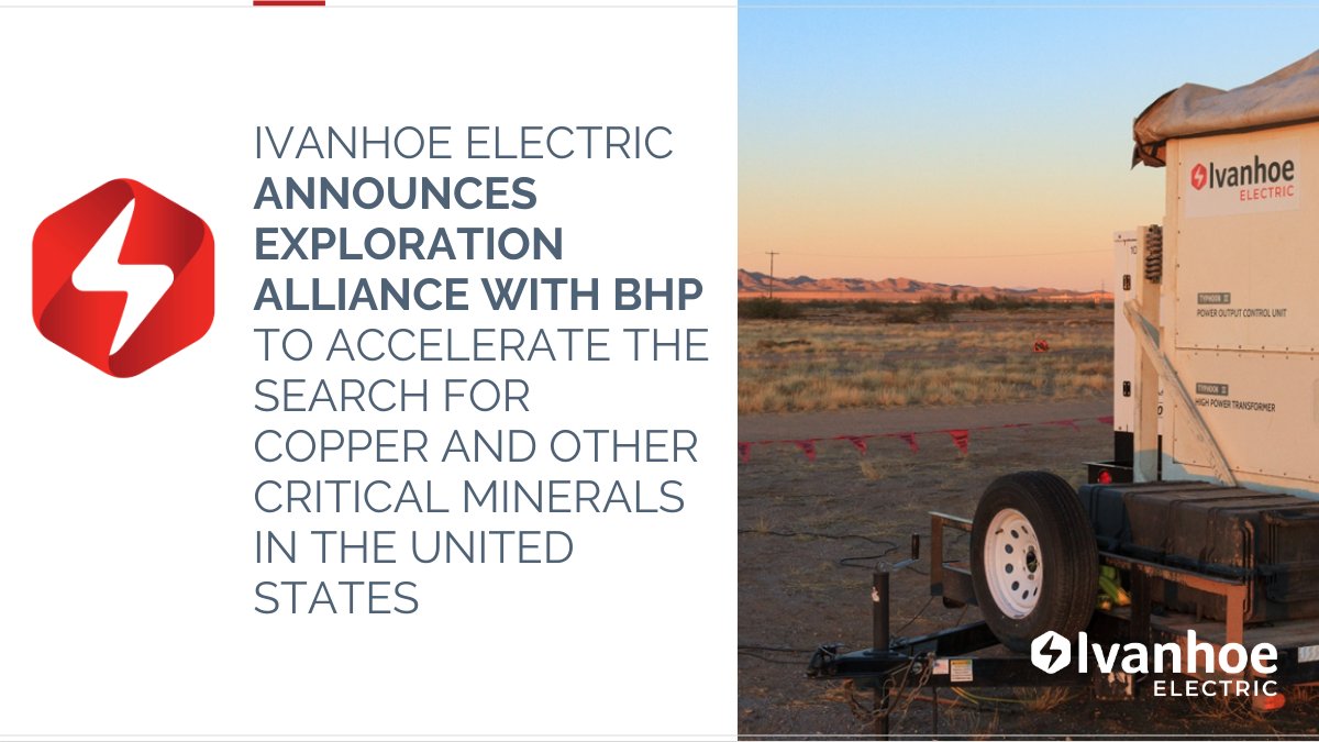 #NEWS - Ivanhoe Electric Announces Exploration Alliance with BHP to Accelerate the Search for Copper and Other Critical Minerals in the United States. Read the full release: bit.ly/4bLBcEr $IE #mineralexploration #mining #copper #metals #criticalmetals