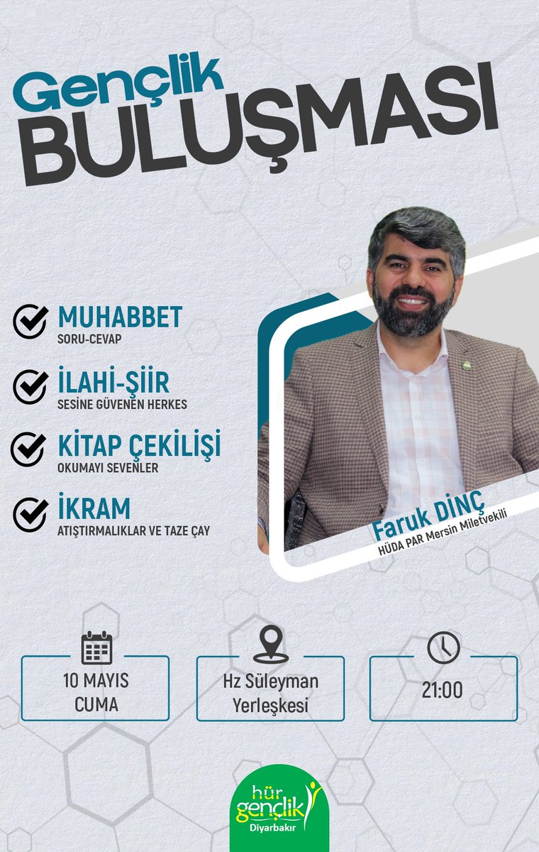 📢 Bu Cuma günü için özel bir davetimiz var! Gençler olarak Milletvekilimiz Sayın @FarukDinc_ ile buluşuyoruz. 🗓 Tarih: 10 Mayıs Cuma 🕘 Saat: 21.00 📍Yer: Hz. Süleyman Yerleşkesi