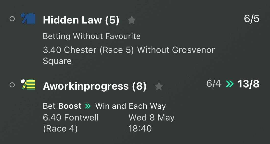 NAP OF THE DAY:

3:40
Chester
Hidden Law W/O Grosvenor Square (6/5)
£40 ON 💰

NAP & NB DOUBLE: 

£20 PAYS £115.50 💰

🐴 Hidden Law W/O Grosvenor Square
🐴 Aworkinprogress 

GOOD LUCK ☘️