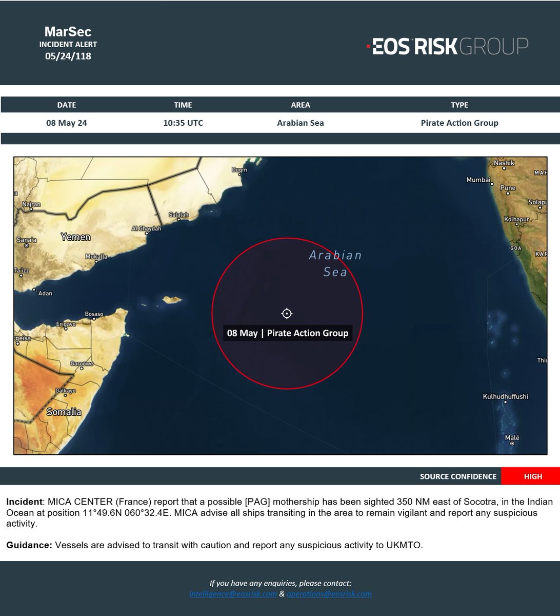MARITIME SECURITY 🚨 ⚓️

Piracy - Indian Ocean

MICA Center reports possible PAG mothership sighted 350nm east of Socotra.

#security #mena #middleeast #maritime #maritimesecurity #shipsandshipping #shippingindustry #maritimeindustry #piracy #somalia

#indianocean