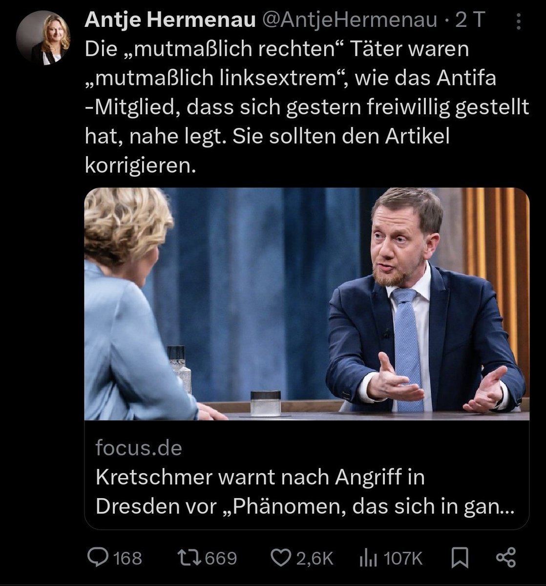 Fassungslos... Die Sächsische Landeszentrale für politische Bildung und/oder der @saechsab haben Fake-News-Schleuder Antje Hermenau als Moderatorin engagiert, welche aktuell die Lüge verbreitet, @MattEcke wäre von der Antifa überfallen worden.