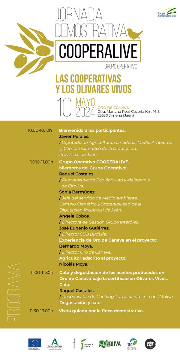 <a href="/orodecanava/">AOVE "Oro de Cánava"</a> acogerá el viernes una interesante jornada sobre el GO Cooperalive, en el que participamos junto a <a href="/dipujaen/">Diputación de Jaén</a>, <a href="/citoliva/">citoliva</a> y <a href="/SEO_BirdLife/">SEO/BirdLife</a>, subvencionado por la UE y <a href="/AgriculturAnd/">Consejería AgriPesca</a>. Y en ella intervendrá nuestra directora de Gestión <a href="/c_mAngela/">Angela Cobos Moreno</a>. #ContigoSomosMásInteróleo