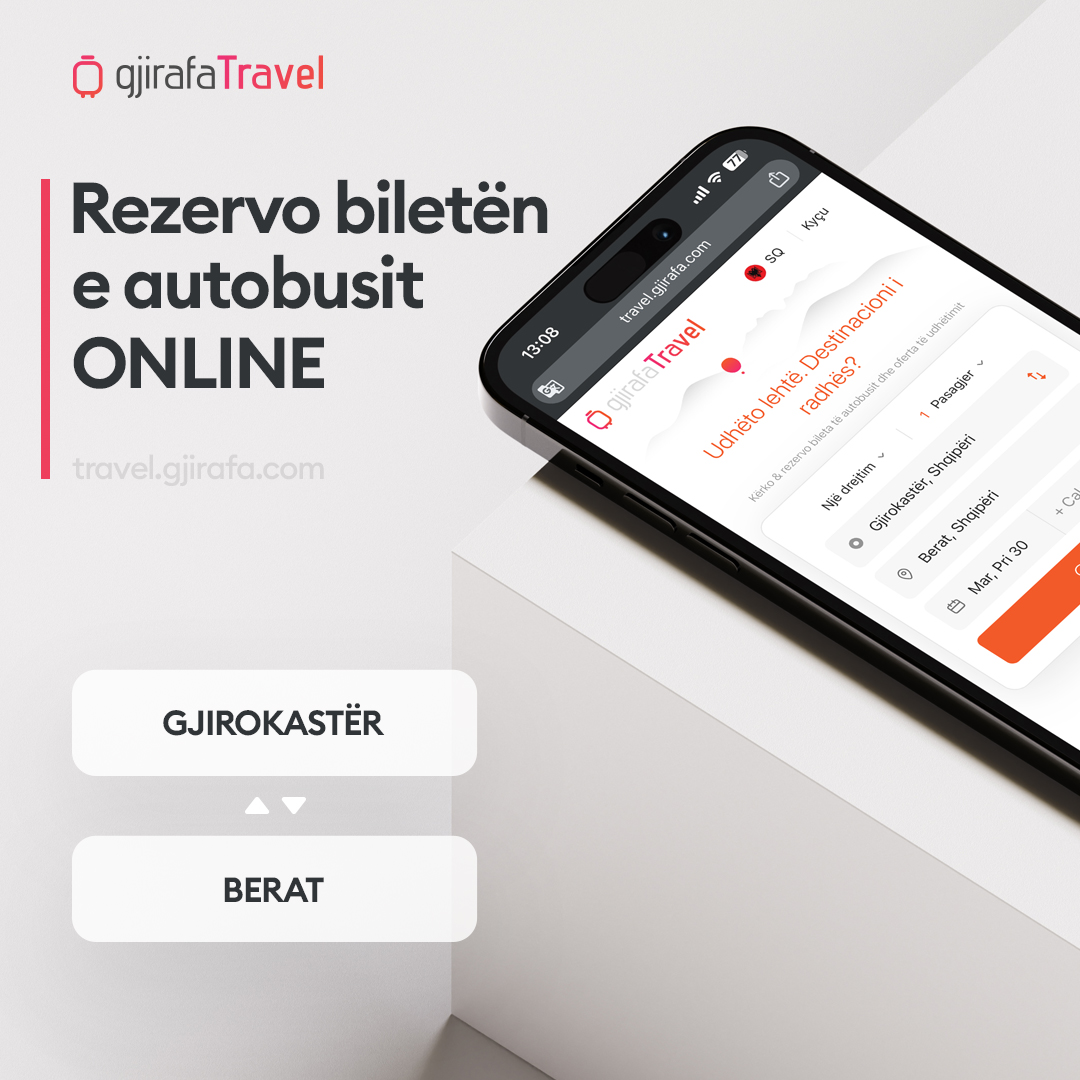 Në Gjirafa Travel mund të bleni biletën e autobusit online për linjën Gjirokastër - Berat dhe anasjelltas 🧡

🔗 gj.al/GjirokasterBer…

#bus #online #tickets