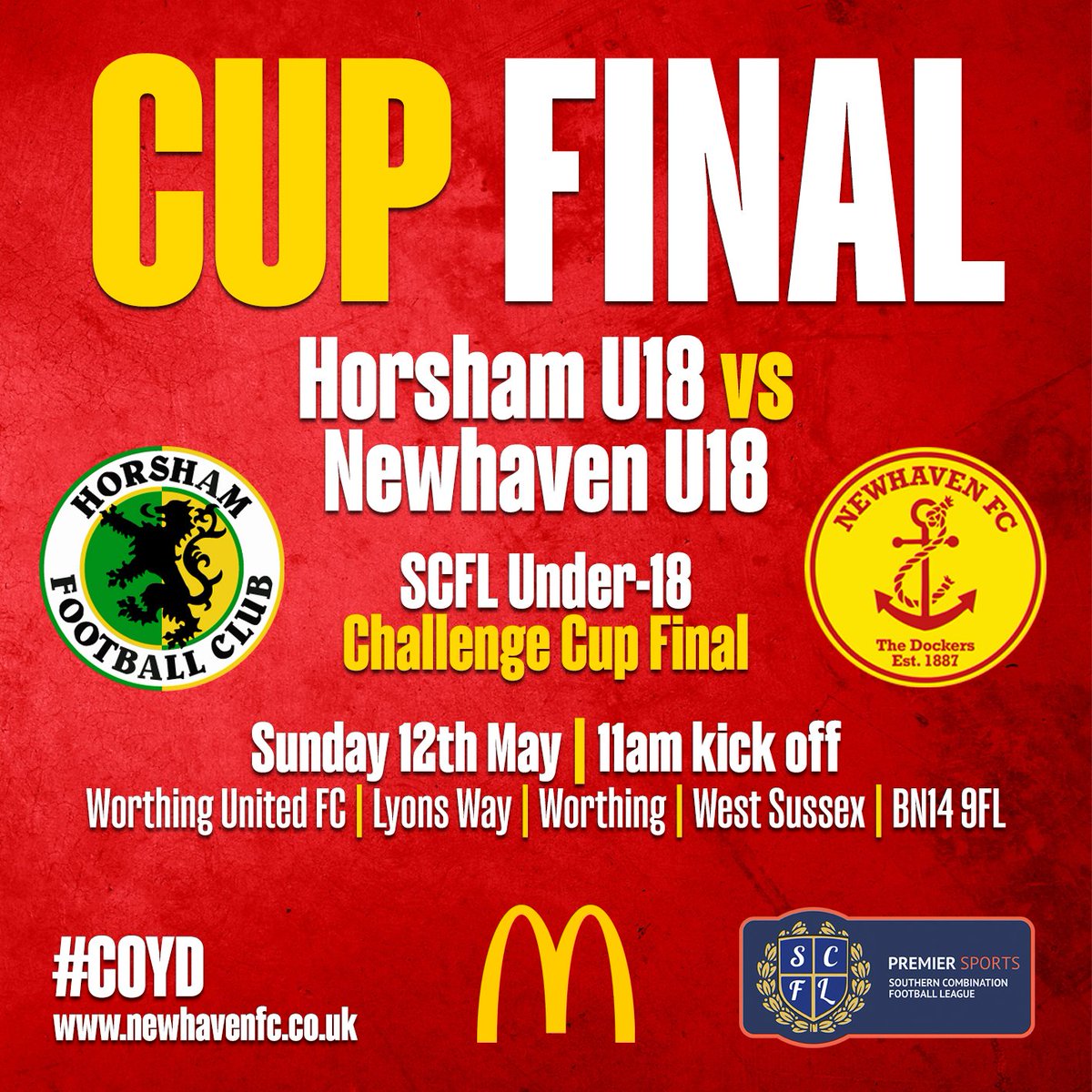 🏆 𝗨𝟭𝟴 𝗖𝘂𝗽 𝗙𝗶𝗻𝗮𝗹! This weekend, our Under-18s continue the defence of their @TheSCFL U18 Challenge Cup as they take on @HorshamFC in the final on Sunday morning. The game is being played at @WorthingUtdFC and will kick off at 11am. #COYD