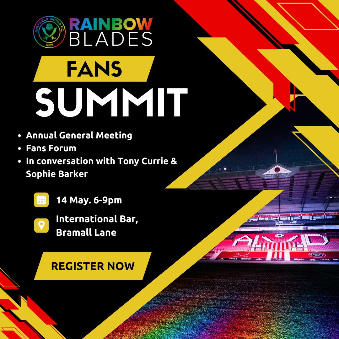 🚨 Last chance to register The Fans Summit is open to any SUFC supporter & a chance to find out more about Rainbow Blades. The summit will cover: 🟡 AGM 🟡 Fan's Forum 🟡 In conversation with Tony Currie & Sophie Barker Register by 9am on Fri 10 May eventbrite.co.uk/e/rainbow-blad…