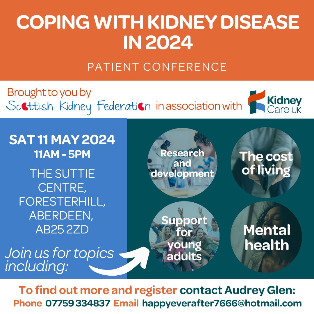 🤝 We are delighted to be working with the Scottish Kidney Federation (SKF) on a patient conference in Aberdeen this coming Saturday. ✅ To register, email Audrey Glen at happyeverafter7666@hotmail.com
