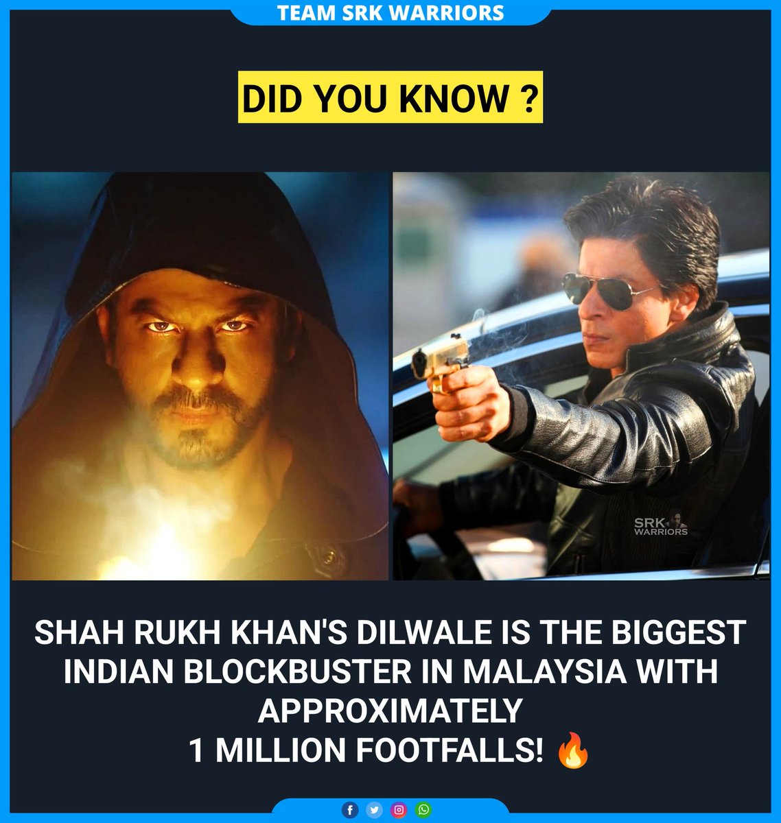 Did you know?

Shah Rukh Khan's Dilwale is The Biggest Indian Blockbuster in Malaysia with approximately 1 Million Footfalls 🔥♥️

#ShahRukhKhan