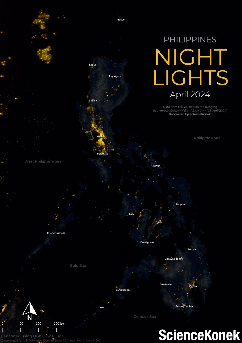 𝗧𝗛𝗘 𝗣𝗛𝗜𝗟𝗜𝗣𝗣𝗜𝗡𝗘𝗦 𝗔𝗧 𝗡𝗜𝗚𝗛𝗧 🌃

Wondering what the Philippines 🇵🇭 might look like from space at night? Here's a map showing the composite snapshot of the light distribution across - and surrounding - the country last April. Can you identify your city?